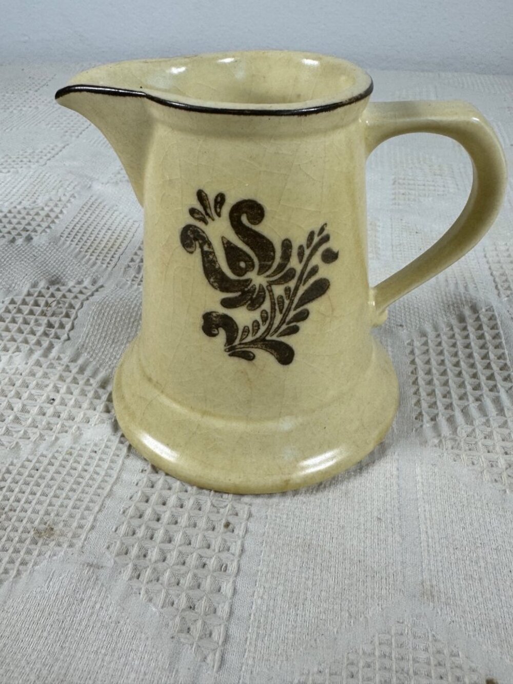 Vintage Pfaltzgraff Village Brown Stoneware Creamer 8 Oz With Floral Design 6-24